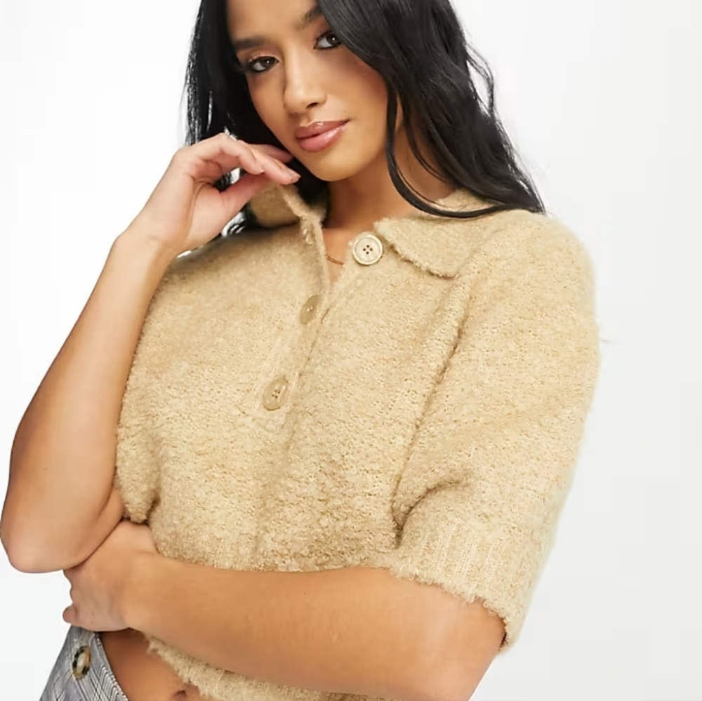 NWT Vera Moda Sweater Size S Collared Fluffy Button Tan Neutral‎ Soft Wool $55